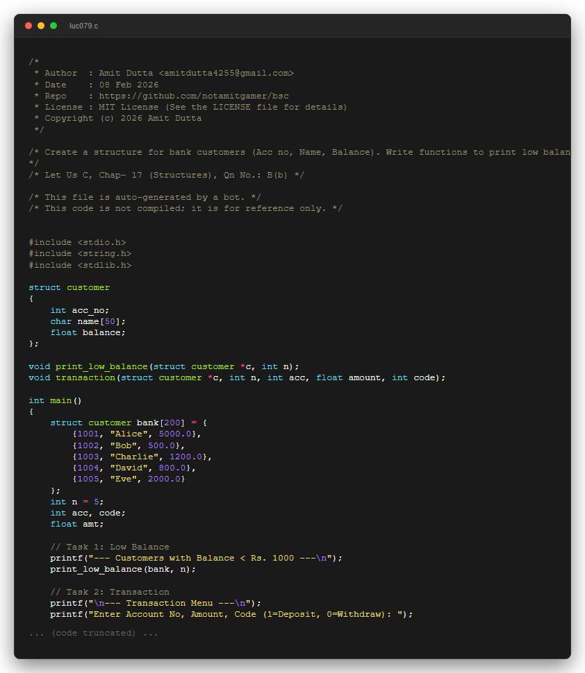 Create a structure for bank customers (Acc no, Name, Balance). Write functions to print low balance customers and handle deposits/withdrawals.